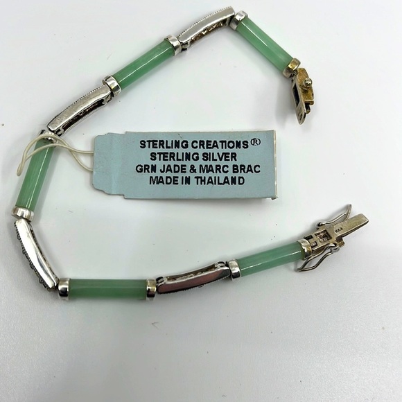 20th Century 925 Sterling Silver Jadeite & Marcasite Link Bracelet - Picture 4 of 9